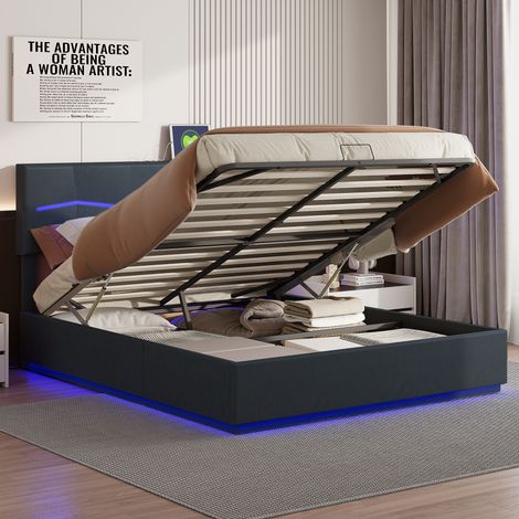Polsterbett Doppelbett 180x200 cm, mit LED-Beleuchtung, Kopfteil, hydraulischer Hebel, Metallgestell und Lattenrost, Doppelbett im skandinavischen Stil – Schwarz (1/5)