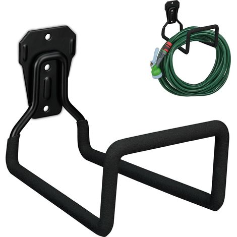 Relaxdays Hose Holder, Steel, Wall-Mounted, Non-Slip, Garden Hosepipe Hanger, Pipe Rack, HWD: 13 x 12.5 x 20 cm, Black (1/5)