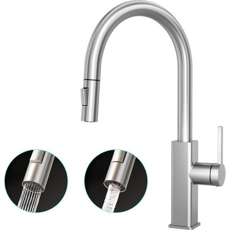 Robinet de Cuisine Extractible en Inox, Mitigeur de Cuisine avec Douchette Extractible, Robinet Extractible à Base Carrée, Brossé