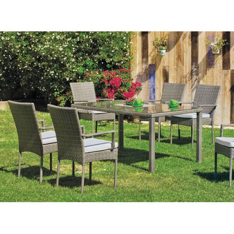 Conjunto para jardín de mesa+4 sillones+4 cojines Mali acabado rattan sintetico gris. (1/2)