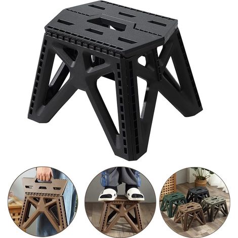 Taburete portátil para niños y adultos - Taburete resistente y seguro - Taburete de camping multifuncional y plegable con asa para cocina, baño y jardín (Altura 23,5 cm - Negro)