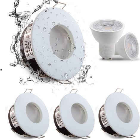 Lot de 4 spots LED encastrables étanches IP65, 5 W, blanc chaud 3000 K, pour éclairage de plafond de salle de bain et de cuisine, diamètre de découpe 68 mm, finition nickel satiné, boîtier blanc - RWS (1/5)