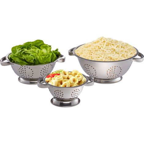 Relaxdays Colanders Set of 3 Noodle Strainers, Sieve Ø 15 cm, 20 cm & 25 cm, Stainless Steel, Handles, Silver