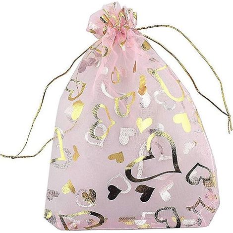 100 sachets en organza rose en forme de cœur (9 x 12 cm) avec cordon de serrage, parfaits pour les bijoux et les mariages. (1/5)