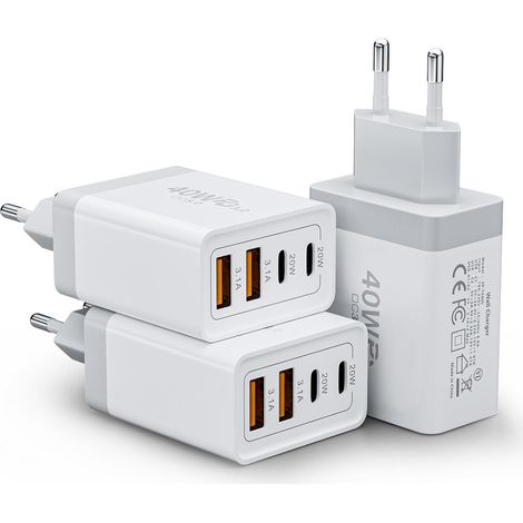 Chargeur USB C, (3 Pack) 40W 4 Port Prise USBC Chargeur Rapide, Multiple Secteur PD+QC Type C Adaptateur pour 16 15 14 13 12 11 Pro Max X XS XR 8 7 6S Plus SE, iPad, Galaxy S23 A15 (1/5)