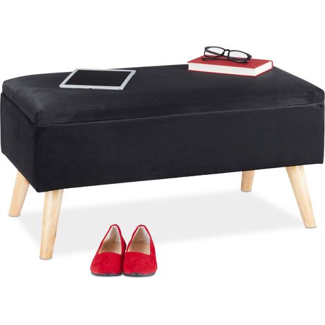 Relaxdays Sitzbank mit Stauraum, Samtbezug, 40 L, gepolstert, Holzbeine, Flur, 2er Truhenbank, 41 x 80 x 40 cm, schwarz