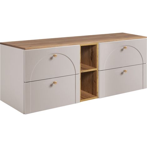 Meuble sous vasque suspendu AURA cachemire avec plan et étagère chêne craft 140 cm G (1/5)