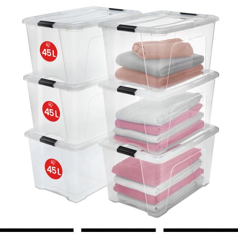 Iris Ohyama, Cajas de plástico con tapa, 45L, juego de 6, transparente, NTB-45