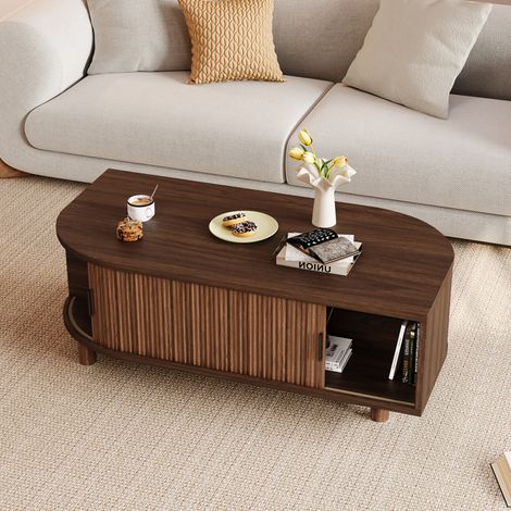 Tavolino da caffè 100/50/35 cm color noce con 2 ante scorrevoli e vano contenitore (1/5)