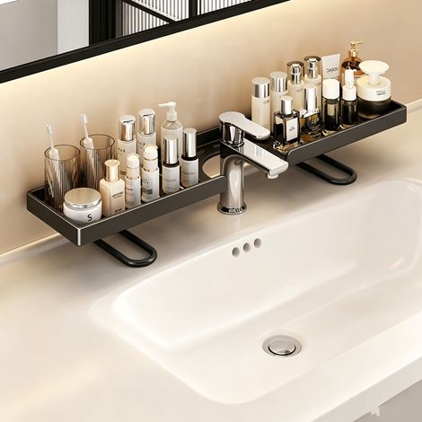 Étagère rangement élargie pour robinet de salle bain, avec structure ajourée pour l'évacuation l'eau et conception étanche en acier au carbone (1/5)