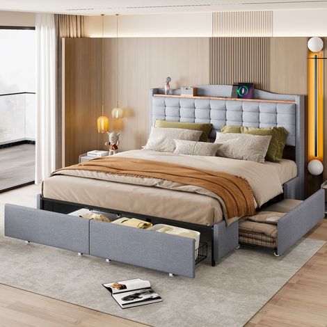 Lit double à plateau plat 160 × 200 cm, BRILLSTEN,rembourré, en lin, avec prise USB et tablette, doté de 4 tiroirs, gris (1/5)