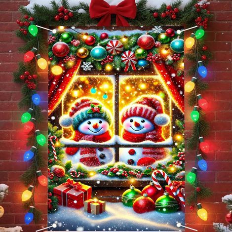 Bannière de Noël à suspendre à la fenêtre, décoration festive, toile de fond bonhomme de neige et Père Noël pour les fêtes de fin d'année - 80 x 120 cm (polyester) - Lot de 2