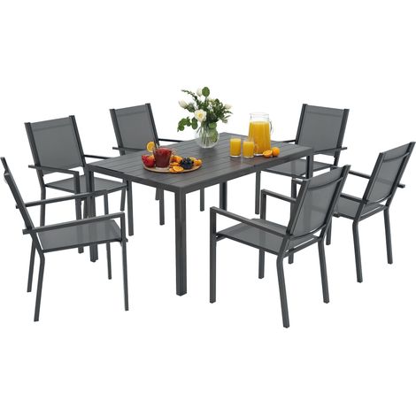 Salon de jardin extérieur gris avec table à plateau à lattes 150 cm, 6 chaises empilables et structure en acier antirouille (1/5)