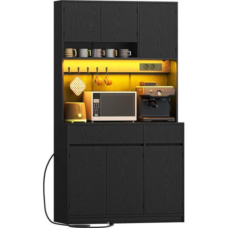 Armoires Cuisine, Buffet, Haut Vaisselier avec Prises Électriques, avec Plans de Travail et Deux Tiroirs, Étagères Réglables, Cuisine, Salon, 100 x 40 x 180 cm, Noir (1/5)