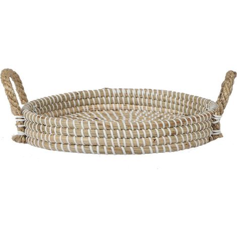 Plateau Décoratif Rond Tressé à la Main Corbeille Crème et Blanc Diamètre 30 cm - PANGIVO (1/5)