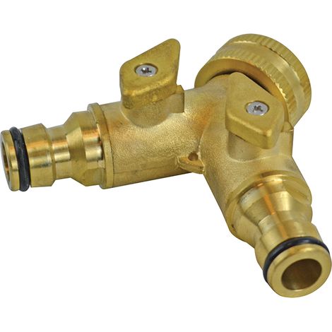 Faithfull 2-Way Shut-Off Tap Adapter 3/4in BSP to 2 x 12.5mm (1/2in) Quick-Release Brass
