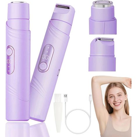 Rasoir Electrique Femme, 2 en 1 Double Tête Tondeuse Femme Intime, Étanche Humide et Sec Epilateur Electrique, Rechargeable Rasoir Électrique Tondeuse pour Bikini Maillot Visage Jambes Violet (1/5)