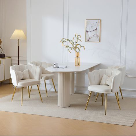 Juego de 4 sillas de comedor con respaldo de pétalo, cojín suave, patas metálicas doradas, terciopelo beige (1/5)