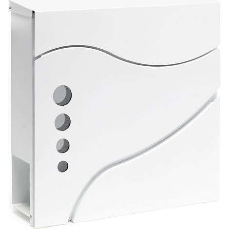 Wiltec Designer Briefkasten V31 weiß 370 x 105 x 370 mm, Wandbriefkasten mit Schloss, Sichtfenstern und Zeitungsrolle, Postkasten aus pulverbeschichtetem Stahl