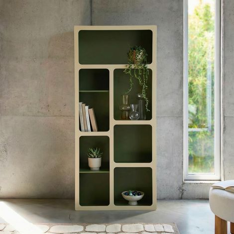 Etagère bibliothèque organique décor bois 8 compartiments kaki - Agatha