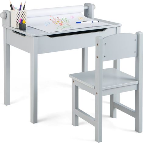Tavolo per bambini con sedia vano portaoggetti e portarotolo per disegnare giocare, Set di tavolino con sedia Grigio (1/4)
