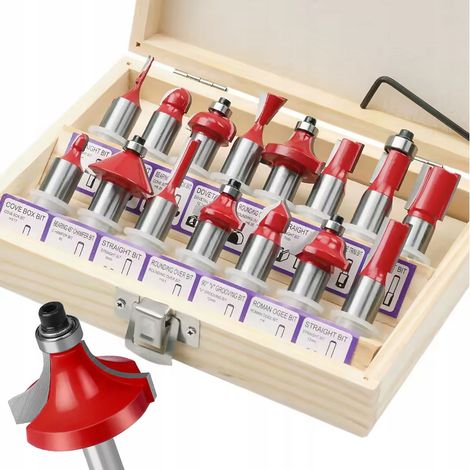 Rosfix WoodCut Pro 15 - Set di 15 frese per legno  Attacco da 12 mm  Frese per profili e cuscinetti  Per fresatrici  Valigetta in legno (1/5)