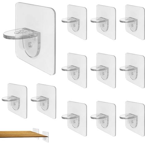 Packung mit 12 transparenten, selbstklebenden Regalwinkeln, kein Bohren erforderlich, für Vitrinen, Regale und Schränke. (1/5)