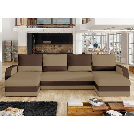 Canapé d'angle convertible panoramique bicolore tissu marron clair et marron foncé Nordy 307cm (1/4)