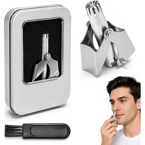 Tondeuse Manuelle à Poils de Nez et Oreilles en Acier Inoxydable, 1 Pièce avec Boîtier Métallique Argenté (9x6.4cm) et Brosse de Nettoyage - Idéal pour Soins du Visage Masculins et Cadeau (1/5)