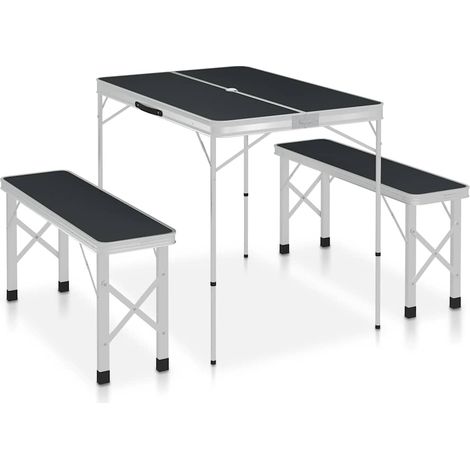 Table de camping pliable avec 2 bancs Table de Jardin - Aluminium Gris BV720657 - BonneVie (1/5)