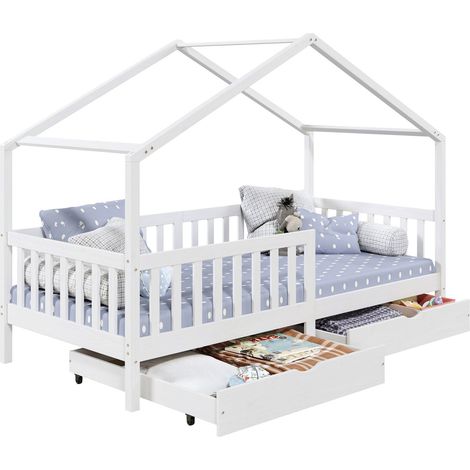 Idimex – Lit cabane 90x200 cm blanc – Structure en pin massif – 2 tiroirs de rangement – Barrière modulable pour sécurité enfant