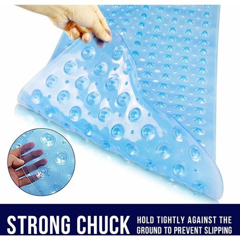 Shower Mat 100 x 40 cm, Non-Slip Bathtub with Suction Cup, No Chemical Smell or Safe PVC Bath Mat, Extra Long, Machine Washable (Blue) (1/5)