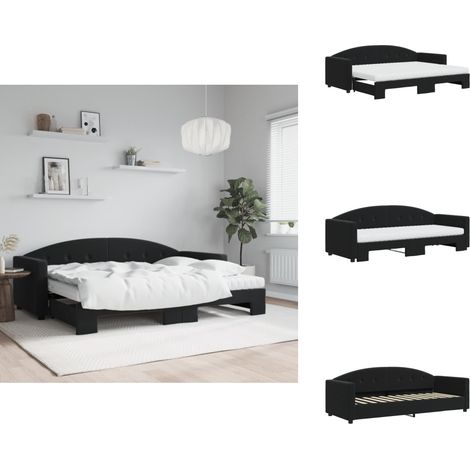 The Living Store Lit de jour avec lit gigogne et matelas noir 80x200 cm velours - Lit gigogne (1/5)