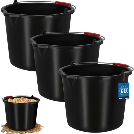 KOTARBAU® Lot de 3 Seau de Maçon - Seau de Construction 16 L - Plastique - Seau de Chantier - Seau à Mortier - Noir - avec Bec Verseur et Anse - Rond (1/4)