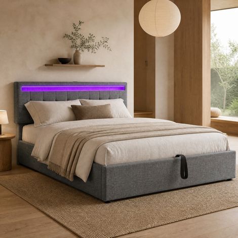 DESMIU Lit coffre 160 × 200 cm 2 places avec LED, USB et Type-C, sans matelas, en lin, gris (1/5)