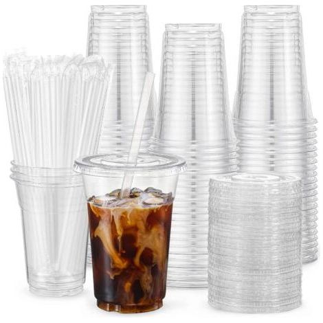 100 Gobelets en plastique transparents avec couvercles et pailles - Jetables pour cafés glacés, smoothies et boissons froides