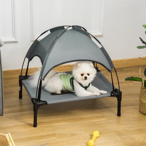 PawHut Erhöhtes Hundebett mit Sonnenschutz, Hunde-/Katzen-Campingbett auf Beinen, atmungsaktives Oxford-Gewebe, UV-beständig, Metallrahmen, inklusive Tragetasche, Outdoor-Katzenbett, 161 x 46 x 61 cm,
