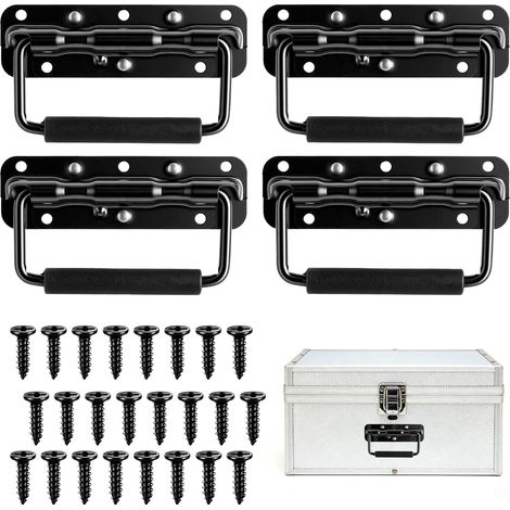 Lot de 4 poignées pliantes à ressort, poignée de caisse en fer chromé, poignée de valise avec vis, poignée de transport noire pour porte de boîte à outils (140 mm) (1/5)