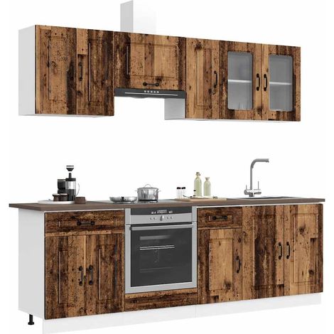 Ensemble de 8 meubles de cuisine en bois d’ingénierie et verre, couleur vieux bois - PANGIVO (1/5)
