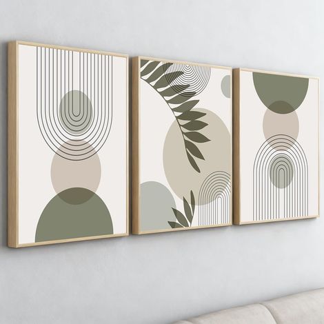 Tableau Decoration Murale Salon - Lot de 3 Affiche 50x70 avec Cadre, Poster Mural Boheme Moderne Vert, Deco Murale Chambre Adulte, Triptyque Tableau (1/5)