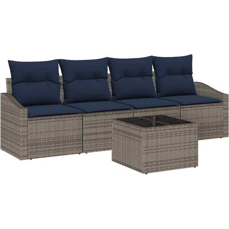Sofa Set mit Kissen 5 pcs Grau und Marineblau Poly-Rattan vidaXL