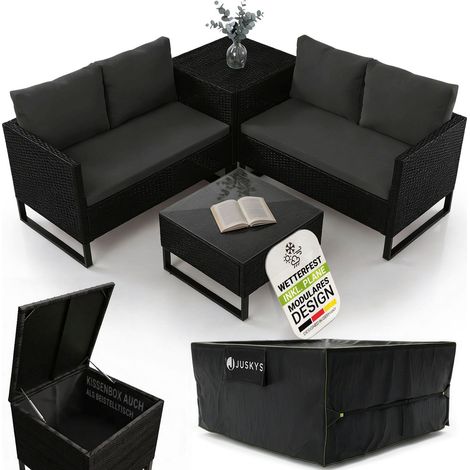 Juskys Outdoor Polyrattan Lounge Santorini inkl. Abdeckung - Gartenlounge mit Beistelltisch & Auflagenbox - Gartenmöbel Set Rattan Sitzecke wetterfest - Schwarz
