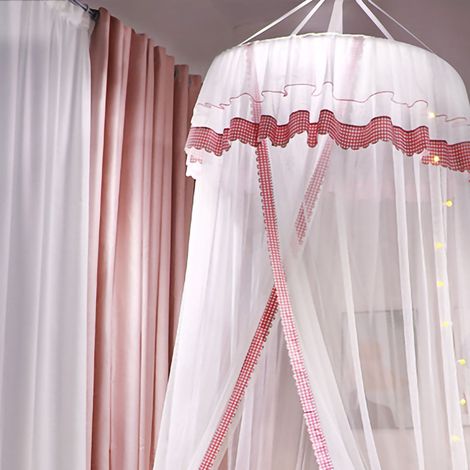Nouveau dais de lit princesse rond anti-moustiques, sans installation, pour adulte, lit domestique, voilage épais et renforcé, maille fine, motif rose à petits carreaux, usage universel. (1/4)
