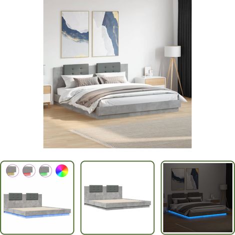 LED-Leuchten - Bettgestell mit Kopfteil und LED-Leuchten Betongrau 200x200 cm (1/5)