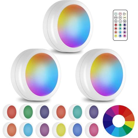 Luci LED rotonde (con telecomando wireless) Illuminazione RGB per armadietti, dimmerabile e con colori regolabili (13 colori) Confezione da 3 (batterie non incluse) (1/4)
