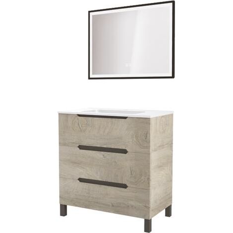 ONDEE ZEN - Meuble salle de bain à poser ALASKA -80cm - Bois - 3 Tiroirs - Miroir SELENA