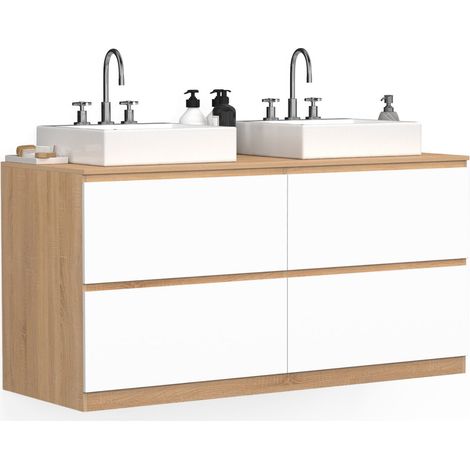 Mobile lavabo doppio TOMI 120 cm 4 cassetti finitura faggio e bianco