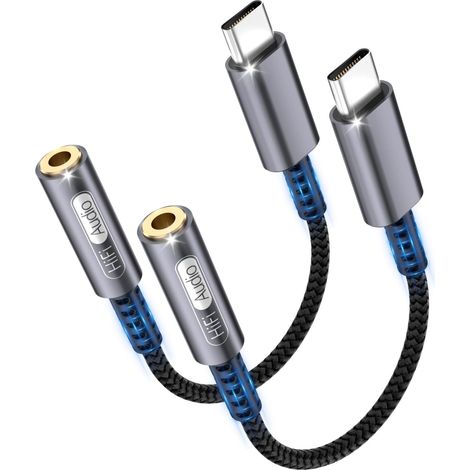 Lot de 2 Adaptateur USB C Jack 3,5mm Câble Tressé HiFi Audio Compatible iPhone Samsung iPad Gris (1/5)