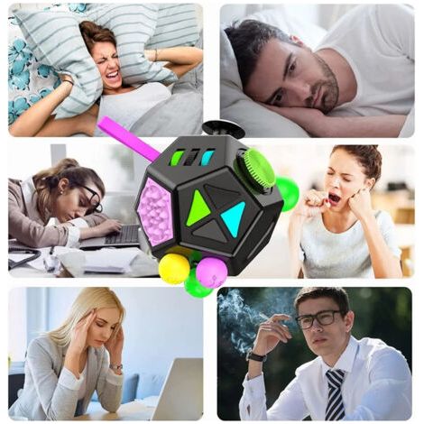 Dé de décompression 12 faces anti-stress pour bureau, école et voyages, jouet sensoriel noir.