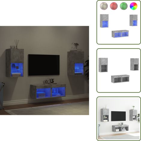 Design a parete - vidaXL Mobili TV a Muro 4pz con Luci LED Grigio Cemento - Mobili TV
